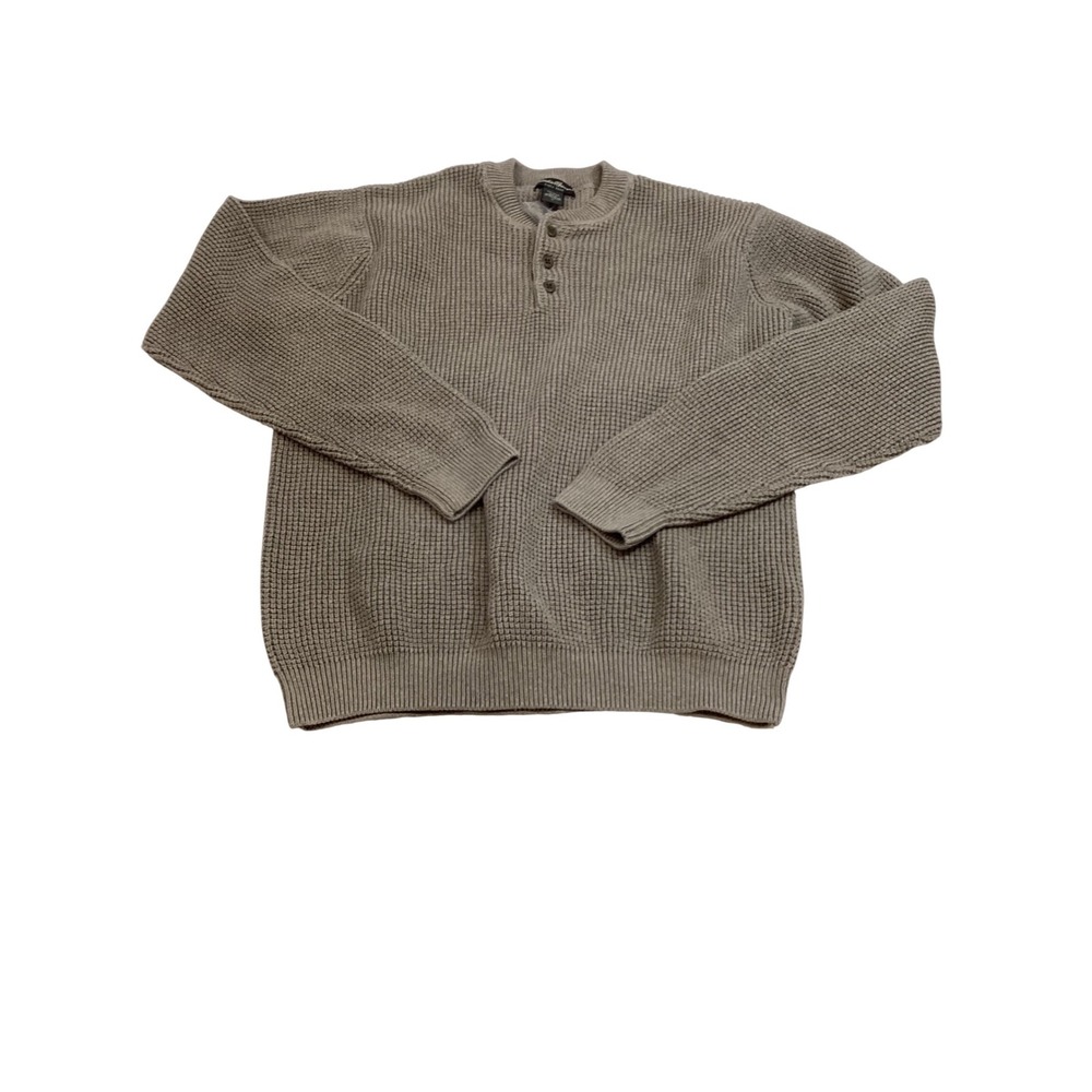 Vintage Eddie Bauer Mens Waffle Knit‎ Henley Sweater Taupe Brown Cotton Large
